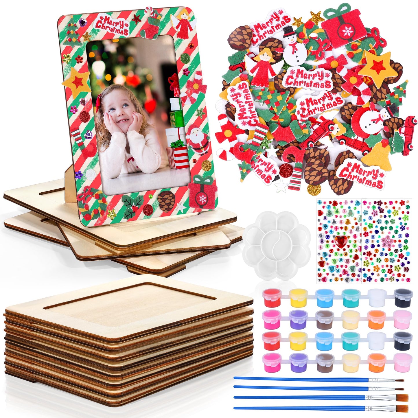 Fovths 12 Packs Christmas Picture Frame Painting Craft Kit Frozen Wooden DIY Photo Frame for 4 x 6 inch Photo with 100 Stickers Rhinestone Stickers 4 Brushes Set for DIY Paint and Decorate