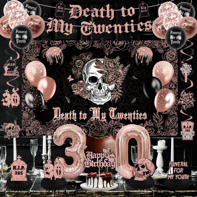 Crenics Rose Gold and Black Death to My 20s Decorations - Death to My Twenties Backdrop, Banner, Honeycomb, Sash, Hanging Swirls, Cake Topper and Balloons for 30th Birthday Party Decorations for Her