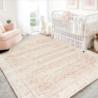 5 7 Playroom,5x7 Pink Nursery Rug for Baby Girl x Neutral Blush Pink Boho Cute Floral Foldable Machine Washable Low