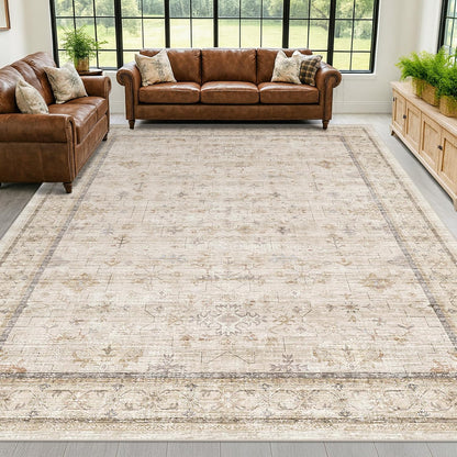 Washabel Ivory Modern Rug - 9x12 Low Pile Floral Carpet for Living Room & Dining Room | Neutral Light Beige