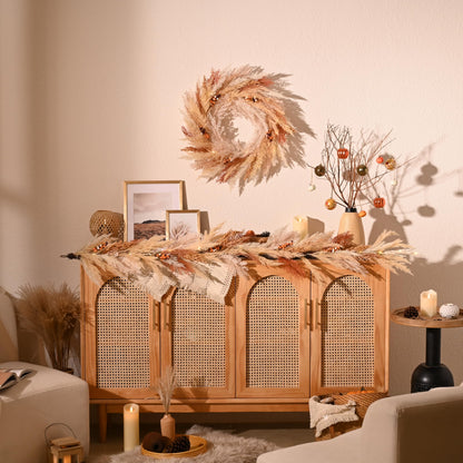 DecorbyHannah Fall Garland for Mantle with Lights, 6ft Pre-Lit Light Up Artificial Faux Pampas Grass Garland with Pine Branch Berry Thanksgiving Decor for Indoor Home Table Mantle Decoration