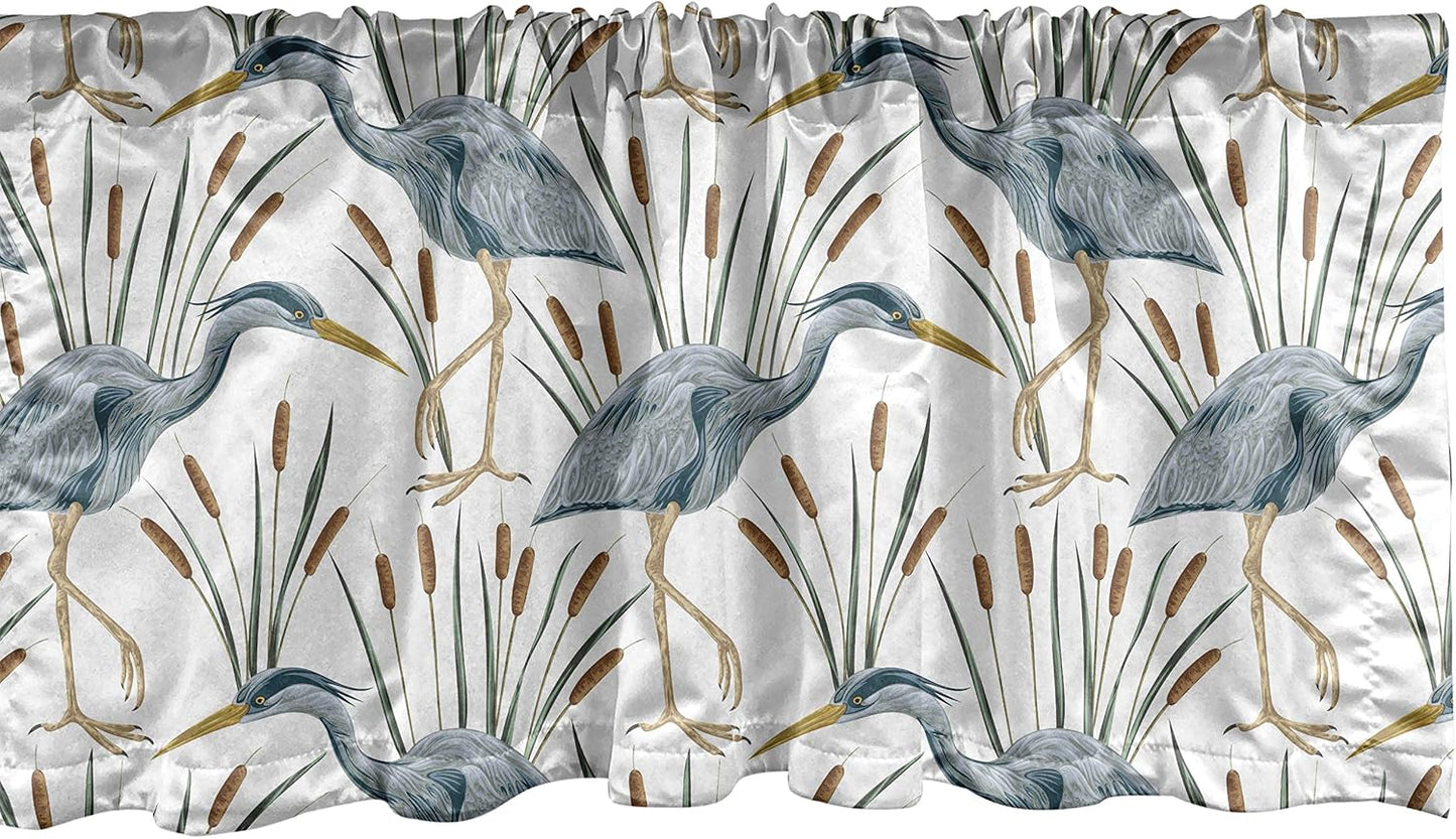 Lunarable Swamp Window Valance - Blue Grey Heron Birds and Bulrush Water Foliage, Curtain Valance for Kitchen Decor