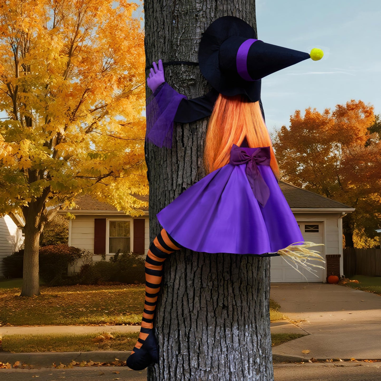 JOYIN 55'' Crashing Witch Halloween Tree Decorations Outdoor, Flying Witch on Broom Hanging Decorations for Yard, Porch, Door, Lawn, Haunted House Prop