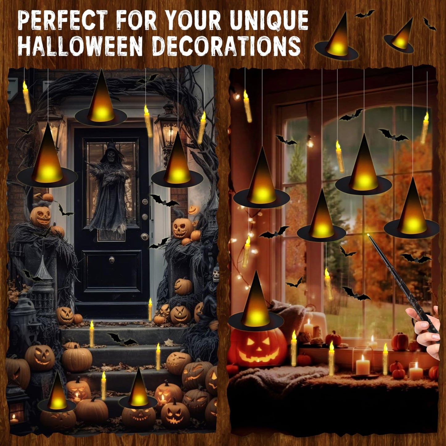 Fayoo Floating Candles with Wand, 12PCs Magic Hanging Candles, Floating Light Up Witch Hats with Flameless Candle with Wand Remote, Witch Hat 3D Bats Wall Stickers Decorations for Halloween Party
