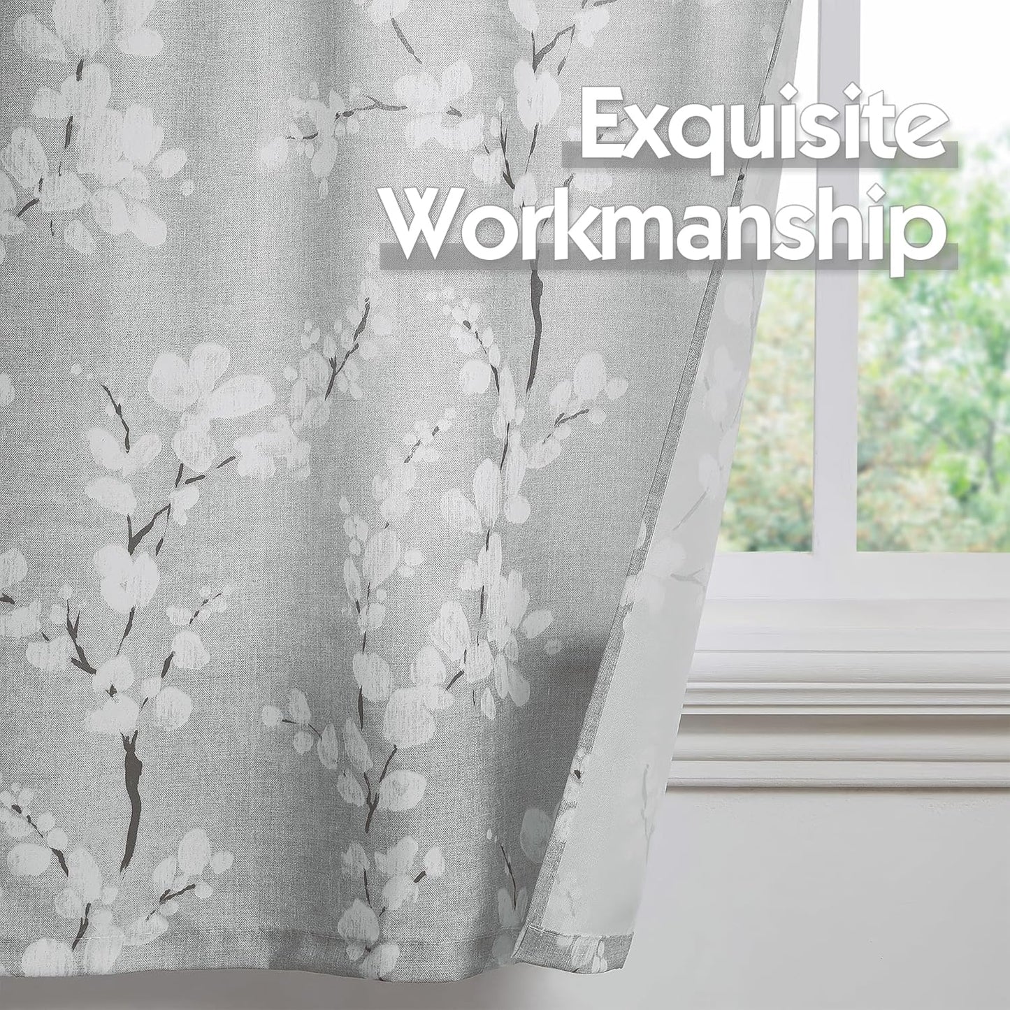 FMFUNCTEX Gray White Floral Printed Bathroom Tier Curtains, 36 Inches Long, 2 Panels Set for Kitchen, Living Room,