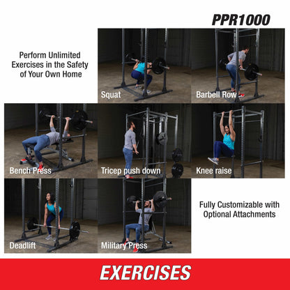 Body-Solid Powerline (PPR1000) Power Rack - Steel Frame Squat Cage with J-Cups and Safety Pipes for Home Gym Strength Training