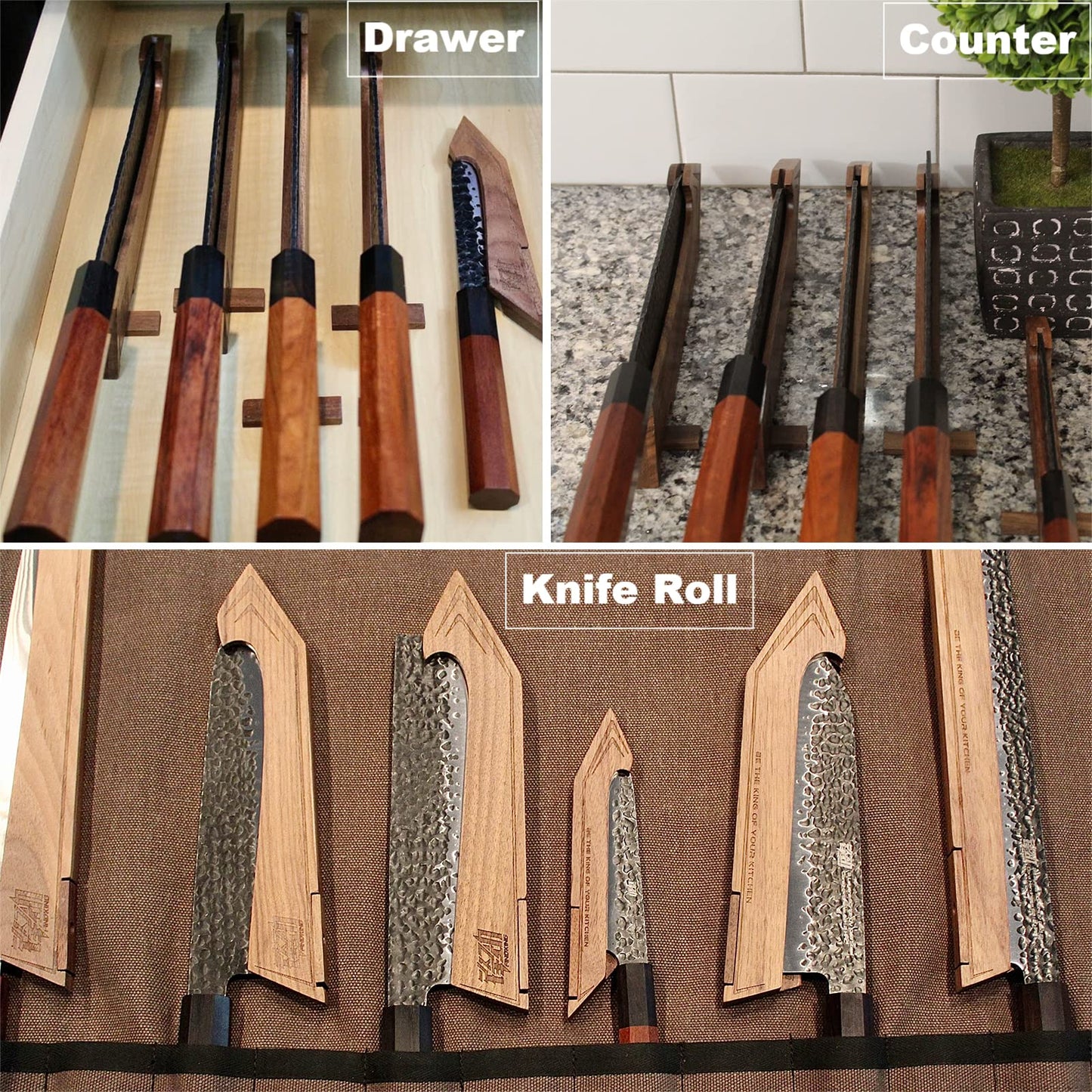 FINDKING Kitchen Knife Set with Individual Wooden Blocks, 4 Japanese Knives with Walnut Edge Guards, High Carbon Steel Blades, for Meat, Fruits, Vegetables, Dynasty Series