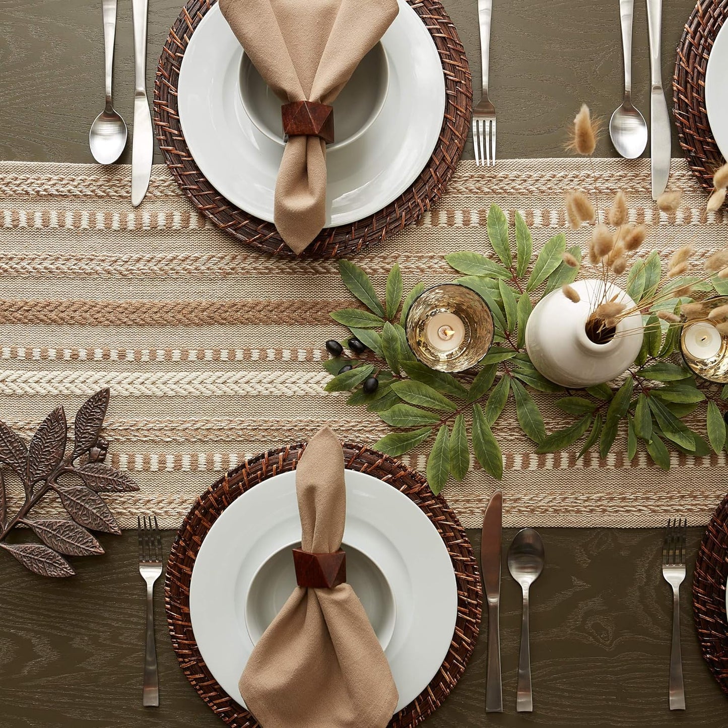 15x72 (15x77, DII Farmhouse Braided Stripe Table Runner Collection, Fringe Included), Stone