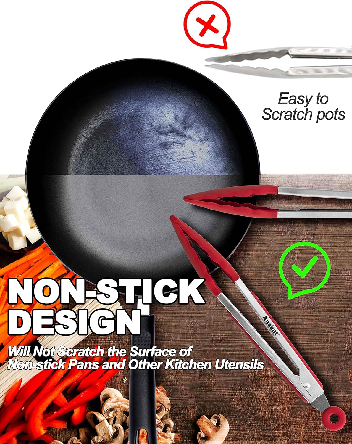 Anaeat Non-Stick Silicone Locking Tong Set of 3 - 7", 9" and 12" Kitchen Food Tongs with Non-Slip Tips, Heat Resistant