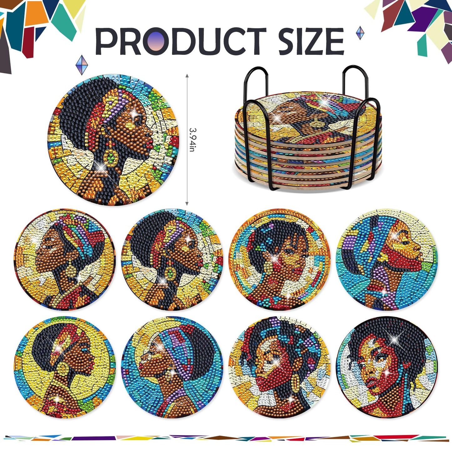 INCOK Black Woman Diamond Painting Coasters - 8 PCS DIY Colorful Glass Diamond Art Coasters Kits for Drinks Coffee Art Craft Supplies Birthday Holiday for African American Adult Beginners