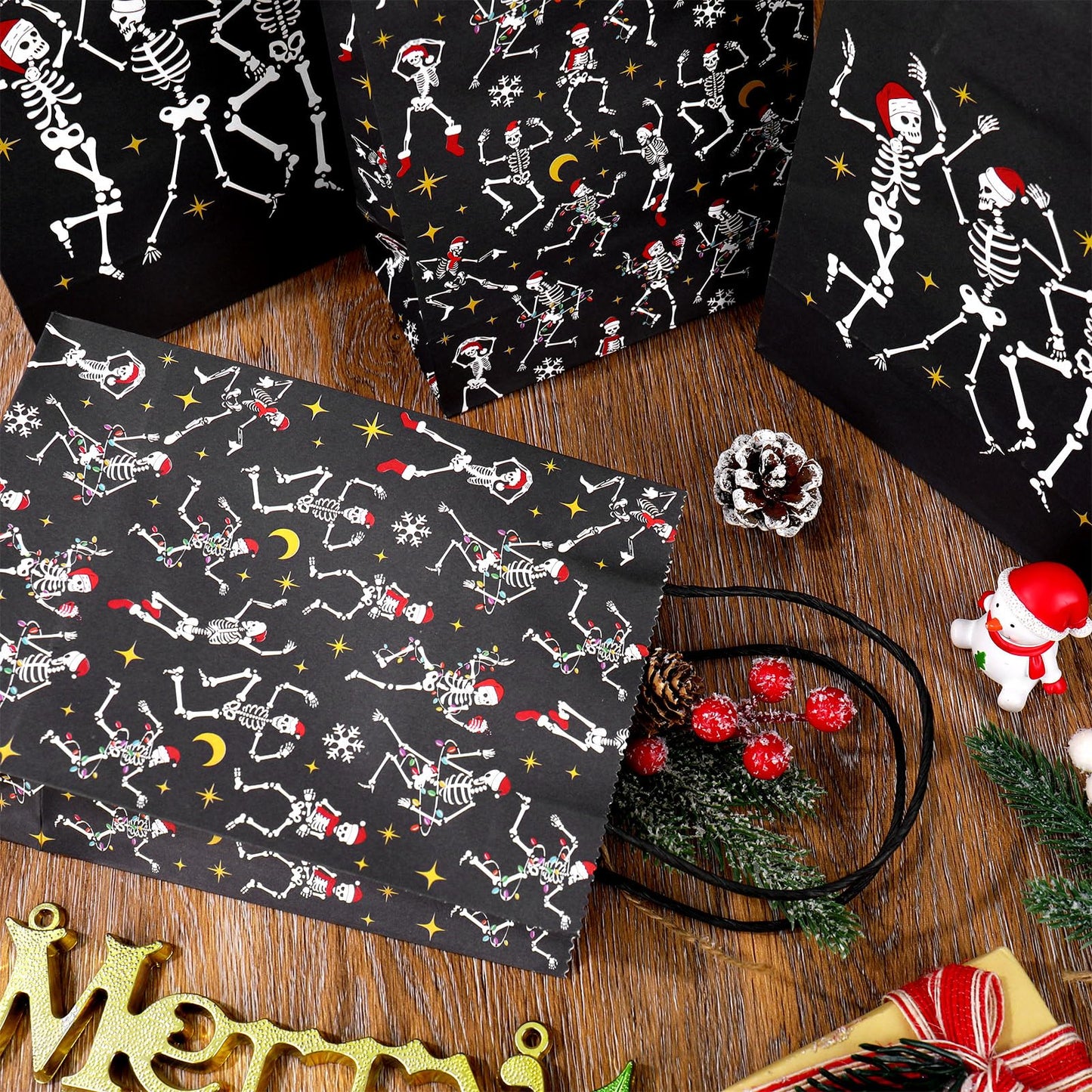 JarThenaAMCS 24Pcs Gothic Christmas Gift Bags with Handles Black Dancing Skeleton Candy Goodie Bags for Xmas Gothic Party Favors Supplies