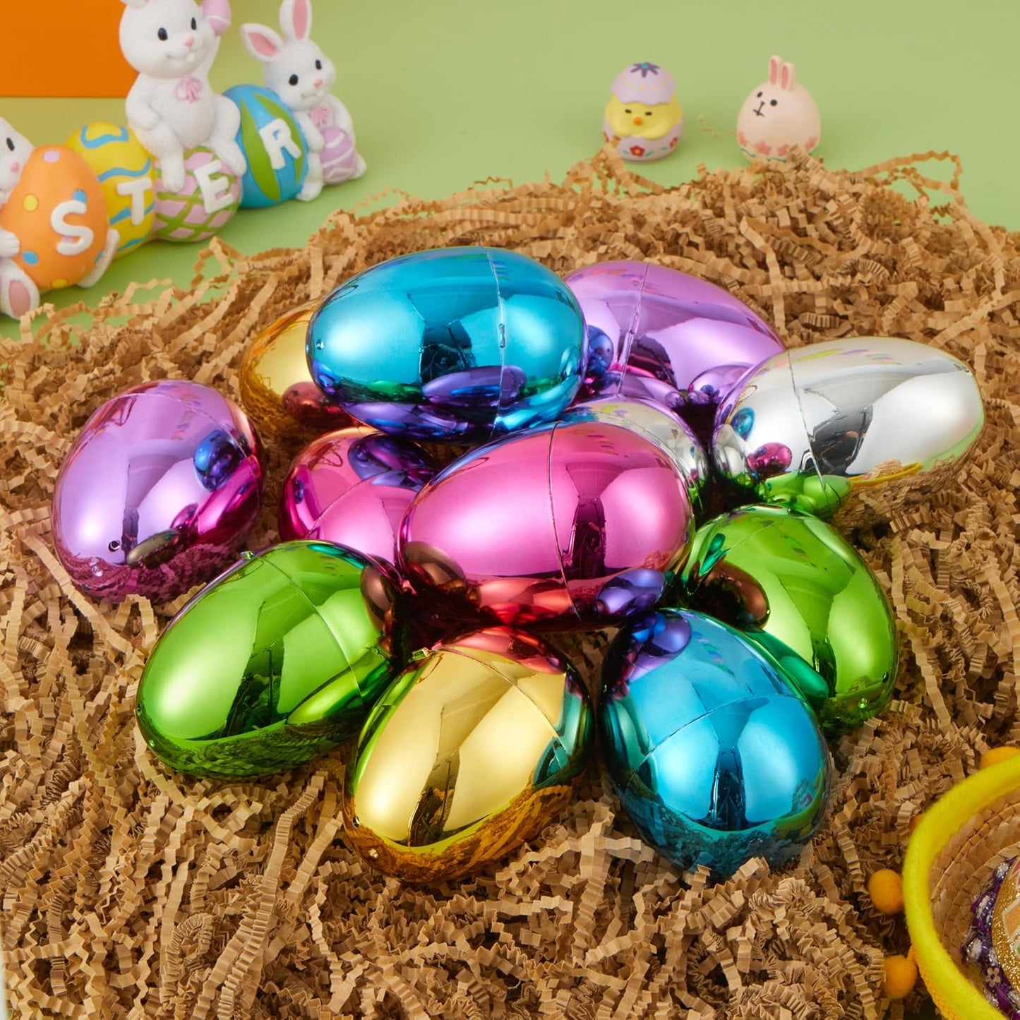 3.15" 72 JOYIN Metallic Easter Eggs, Shinny Plastic Eggs Colorful Bulks for Easter Hunt, Filling Treats, Easter Basket