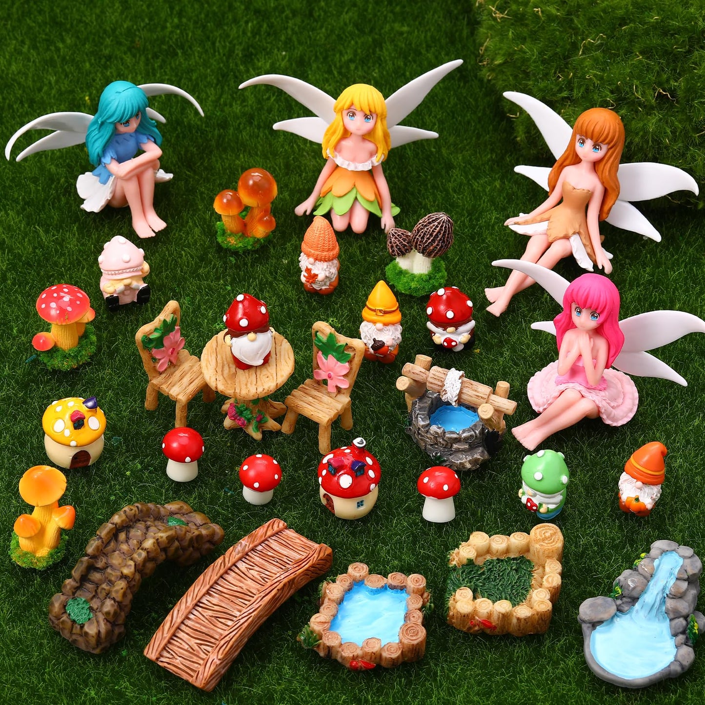 29Pcs Fairy Garden Accessories, Miniature Garden Ornaments Landscape Decorations Mini Fairy Figures Gnome Figure Animal Plant Furniture Set for DIY Terrarium Potted Plants Dollhouse Desk Decor