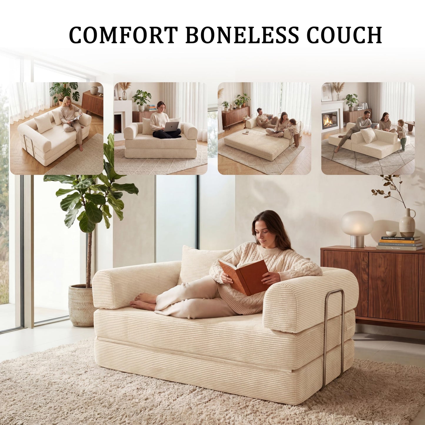 HouseMila 53.15" Boneless Couch,4-in-1 Futon Sofa Bed Modular Loveseat Sleeper Folding Compressed Couch with Pillows,No Assembly Required Convertible Sofa Bed for Living Room Bedroom Guest Room,Beige