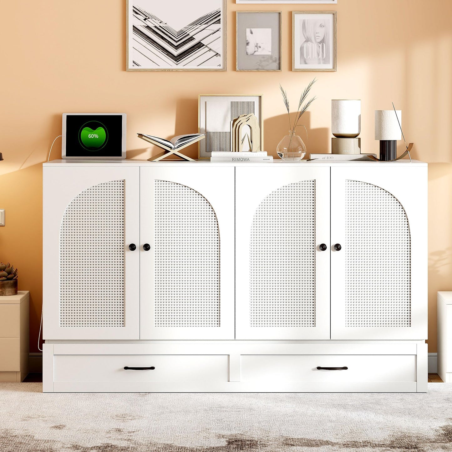 Ball & Cast Murphy Bed Queen Size Bedroom Folding Wall Cabinets Frame with Large Drawer and USB Ports,Hideaway Bed w/Tri-Fold Mattress Design,for Guest Room,Study,Office,White