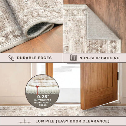 Skiennix Washable Area Rug - Large 8x10 Boho Vintage Floral Design | Stain Resistant & Non-Slip (Beige/Latte)