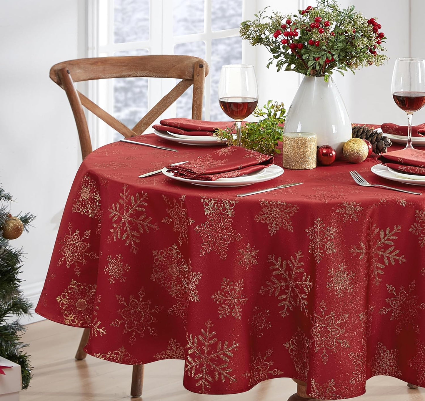 Newbridge Fancy Metallic Snowflake Christmas Tablecloth - 70 Inch Round, Red Gold, No-Iron Soil Resistant Holiday Cover