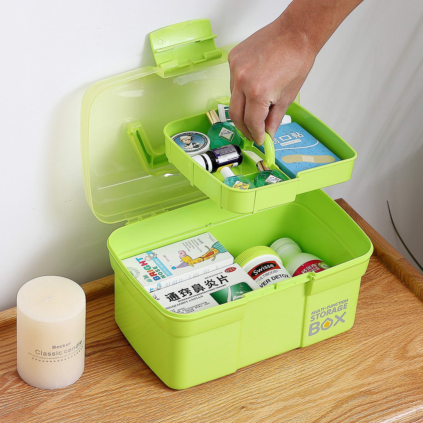 Kinsorcai 11'' Plastic Storage Box with Removable Tray, Multipurpose Organizer and Storage Case for Art Craft and Cosmetic (Green)