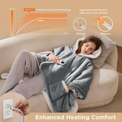 Bedsure Heated Blanket Wearable Shawl - Electric Wrap Poncho Blanket Hoodie for Adult, Birthday Gifts for Mom Women, Sherpa Heating Throw with 4 Time Settings & 6 Heat Settings, 55x64 inches, Grey
