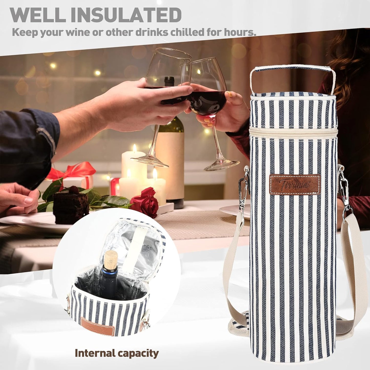 Tirrinia Insulated Single Wine Cooler Bags - Padded Portable Wine Gift Tote Carrier for Travel, BYOB, Wine Tasting,