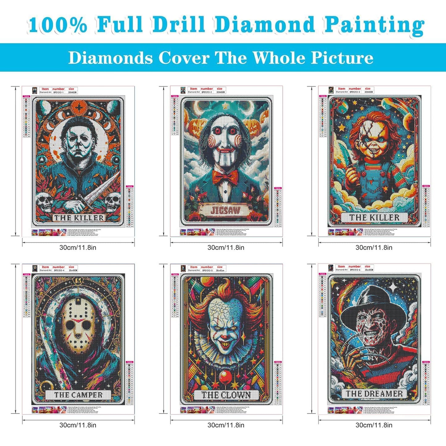 WUDWL 6 Pack Halloween Diamond Art Kits for Adults Beginners,Horror Diamond Painting Kits for Adults,5D Full Drill DIY Diamond Dot Gem Art Kit Wall Home Decor Arts Craft 12x16 inch