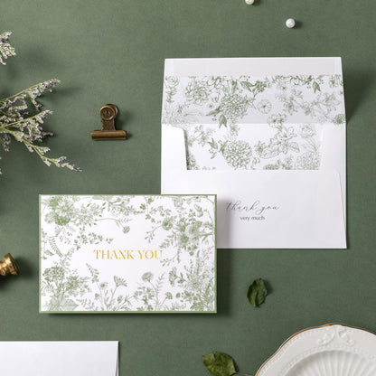 Crisky Green Floral Thank You Cards Gold Foil Greeting Notes Bulk with Envelopes (50 Pack) for Birthday, Baby Shower, Bridal Shower, Wedding, Graduation
