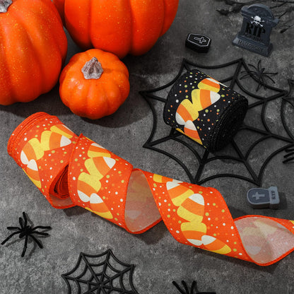 AnyDesign Halloween Wired Edge Ribbon 20 Yards Candy Corn Decorative Ribbon Orange Black Halloween Craft Fabric Ribbon for Holiday Wreath Bow Making DIY Gift Wrapping Supplies, 2 Roll
