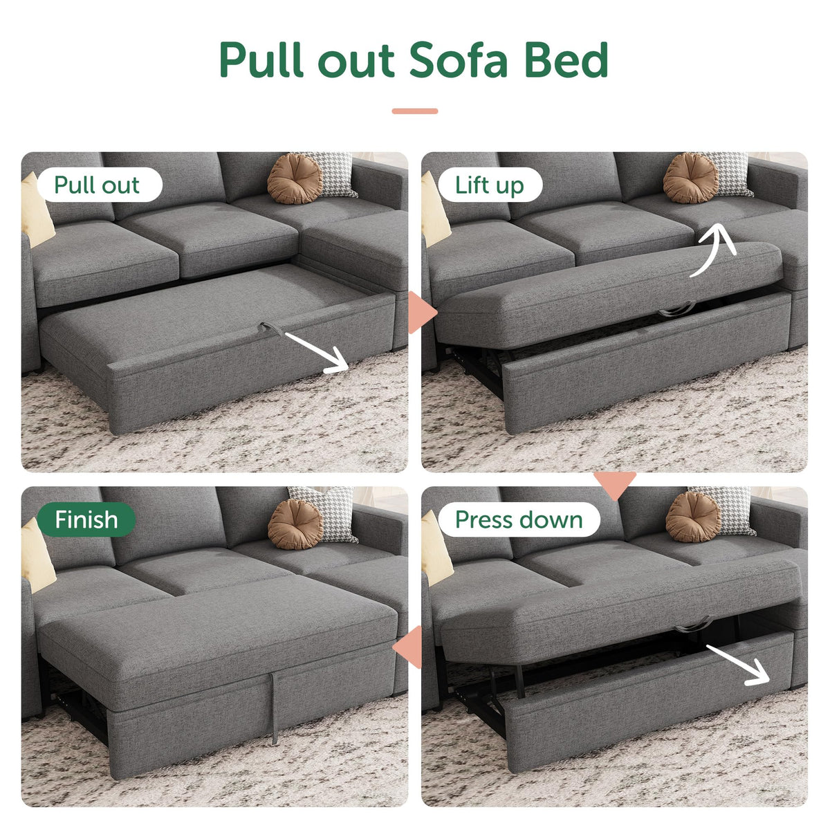 HONBAY Modular Sectional Sleeper Sofa with Pull Out Bed, L Shaped Couch with Storage Seat, Modular Sectional Couches for Living Room - Dark Grey