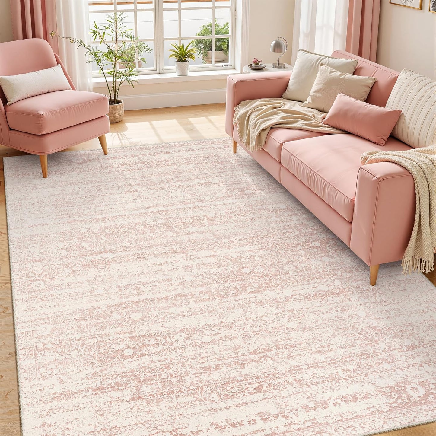 5x7 5'x7') Soalmost Pink Area Rugs for Baby Girl Nursery, Washable Rugs Vintage Floral Non-Slip Low Pile Soft Throw
