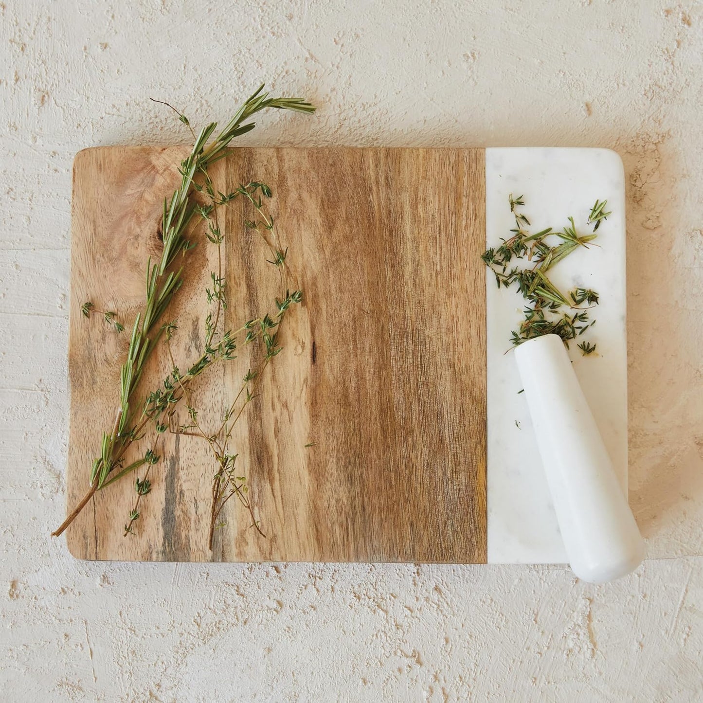 Creative Co-Op Mango Wood and Marble Cheese and Cutting Board with Inlaid Marble Pestle