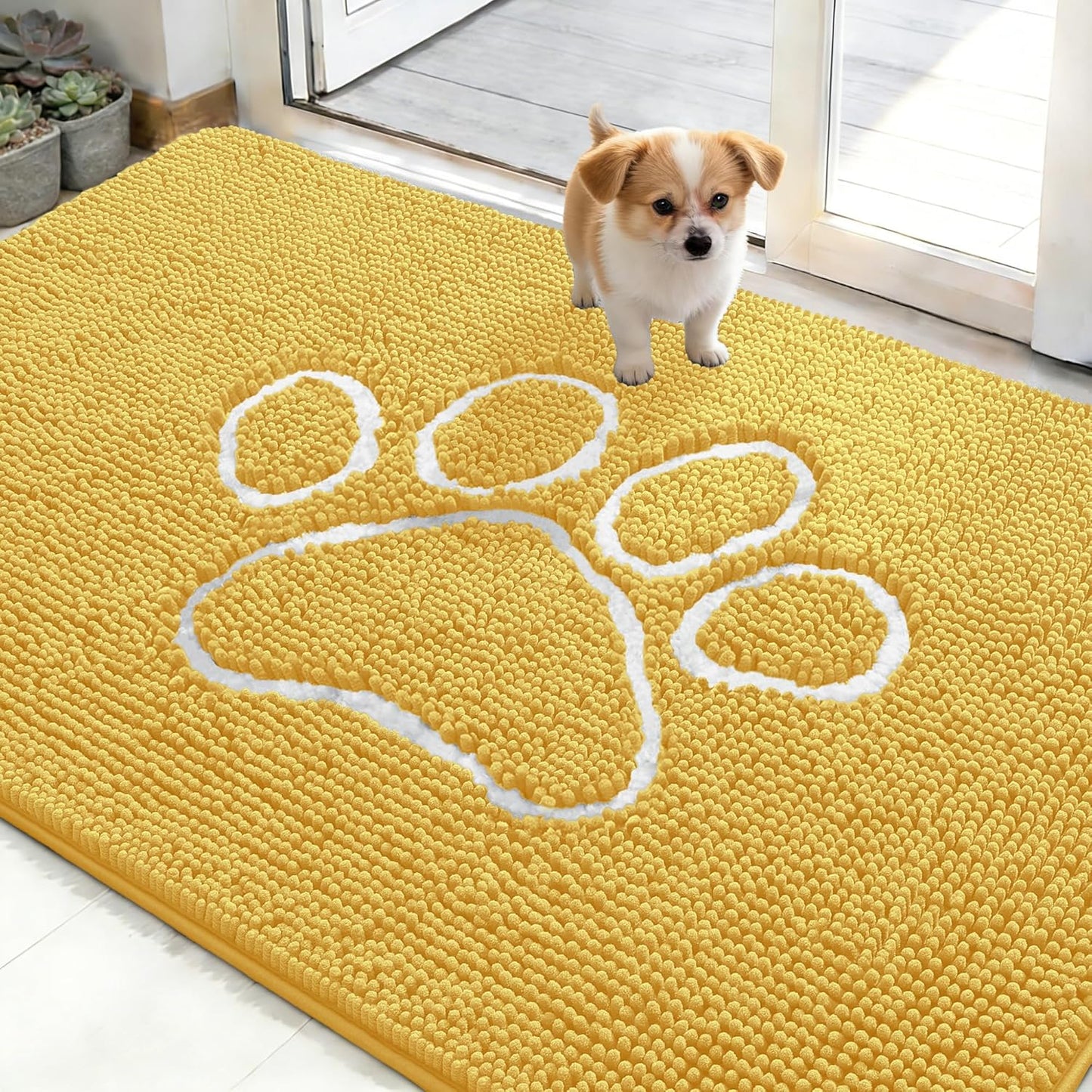 OLANLY Dog Door Mat - Absorbent Non-Slip Mud Mat for Muddy Paws | 48x30, Paw Print Design, Quick Dry Yellow