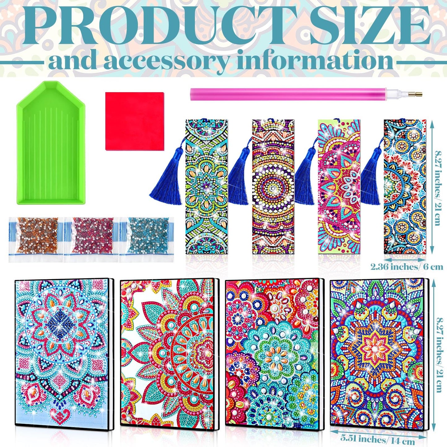 Harloon 8 Pcs Mandala Designs Diamond Art Set Back to School Gifts Including 4 Notebook 4 Bookmarks and 1 Set of DIY Making Tools First Day of School Gifts for Classmates Friends and Teachers
