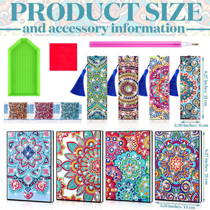 Harloon 8 Pcs Mandala Designs Diamond Art Set Back to School Gifts Including 4 Notebook 4 Bookmarks and 1 Set of DIY Making Tools First Day of School Gifts for Classmates Friends and Teachers