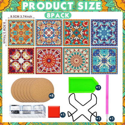 Purpeak 8 Pcs Diamond Coasters Diamond Painting Coasters DIY Mandala Kits with Holder Square Boho Paisley Art 5d Kits for Beginners Adults Craft