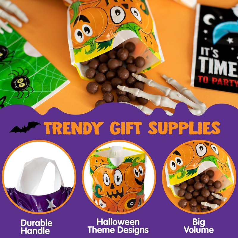 JOYIN 96PCS Halloween Drawstring Treat Bags, 6"x6" Halloween Goodie Candy Bags, 12 Designs Goody Gift Bag Bulk for Kids Boys Girls Trick or Treating, Classroom Party Favor Supplies