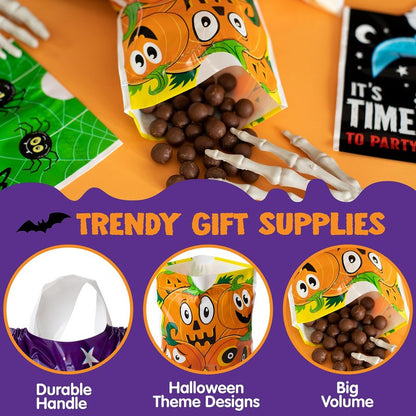 JOYIN 96PCS Halloween Drawstring Treat Bags, 6"x6" Halloween Goodie Candy Bags, 12 Designs Goody Gift Bag Bulk for Kids Boys Girls Trick or Treating, Classroom Party Favor Supplies