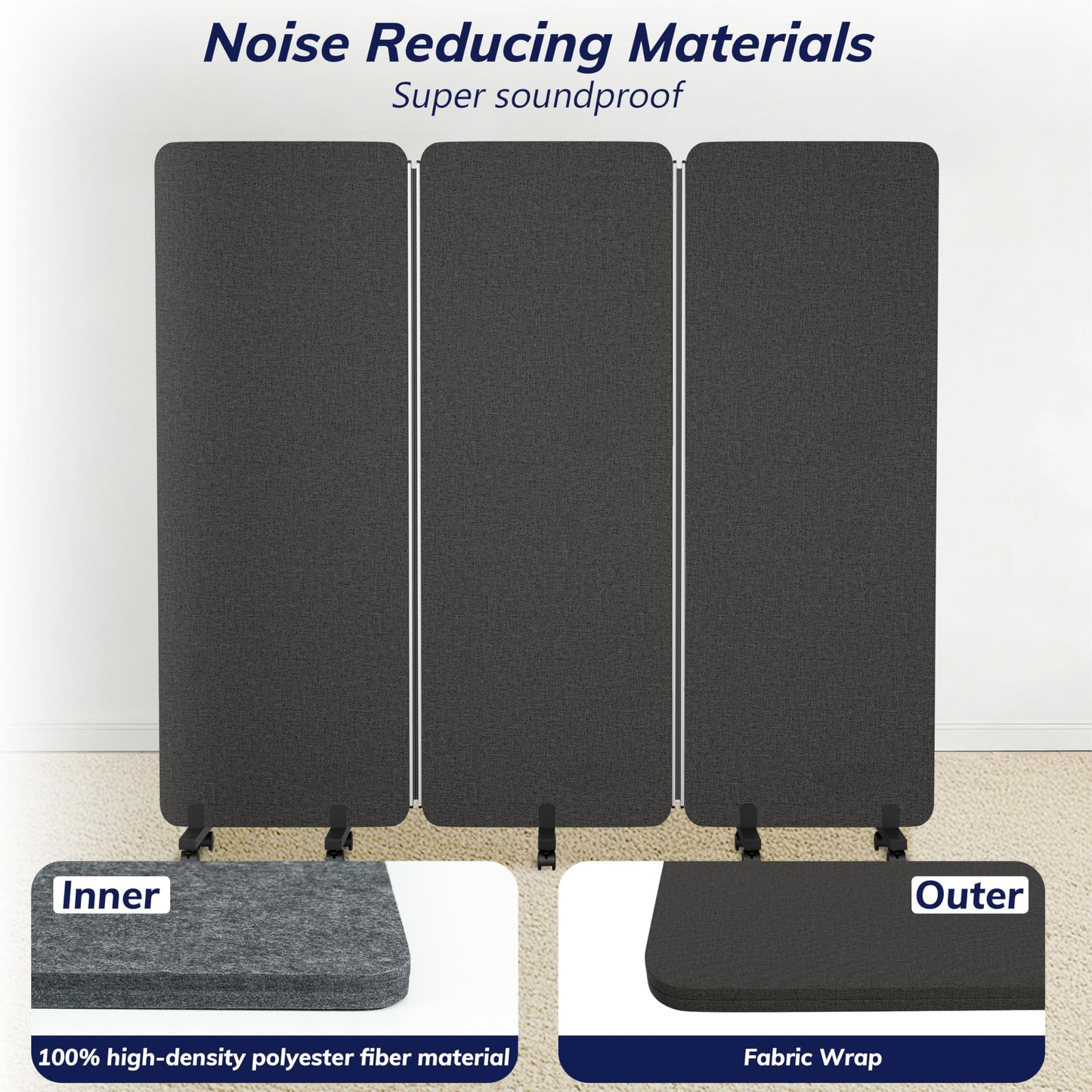 KERRAM 3 Panel Foldable Office Partitions, Mobile Cubicle Wall with Wheels, 71 x 66 Inch Noise Cancelling & Sound Proof Room Dividers Partition Wall, Aluminum Frame Dark Gray