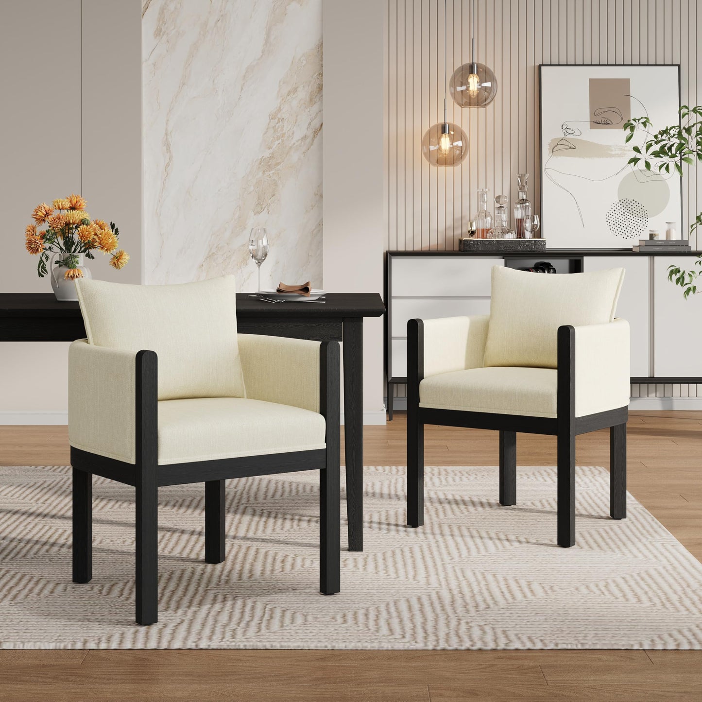 Christopher Knight Home Lucid Linen Upholstered Dining Chairs Set of 2, Rubber Wood Dining Room Chairs, Modern Armchair, Extra Seating for Dining Room, Versatile Indoor Furniture, White + Black