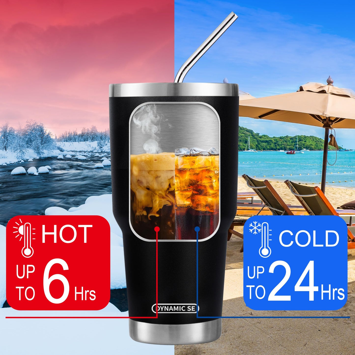 D·S 30 oz Black Tumbler Stainless Steel Double Wall Vacuum Insulated Mug with Straw and Lid, Cleaning Brush for Cold and Hot Beverages