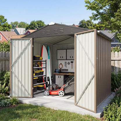 Greesum 8x6FT Outdoor Storage Shed with Base, Utility Tool Shed with Sloping Roof, Metal Storaged Garden Shed with Door & Lock for Patio Storage, Brown