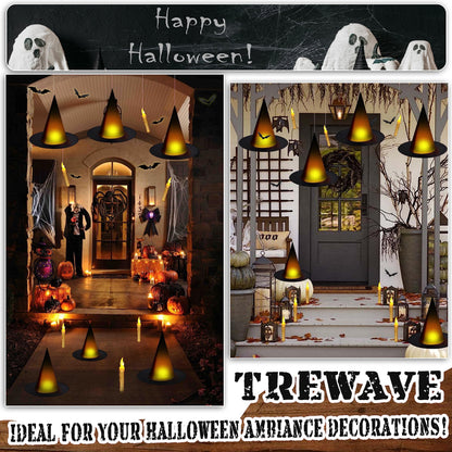 Black Halloween Witch Hat with Light Floating Light Up Witch Hats with Flameless Taper Candles (with Common Remote) 3D Bats Wall Stickers Decorations Witch Costume Accessory for Halloween Party