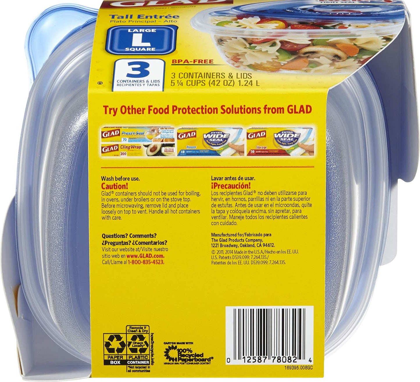 Glad GladWare Tall Entrée Food Storage Containers, Large Square Hold up to 42 Ounces, 3 Count Strong Food Holders