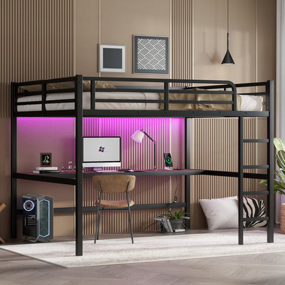 Bellemave Metal Queen Size Loft Bed with Desk and Charging Station,Queen Heavy Duty Loft Bed Frame with LED Lights and USB for Kids,Teens,Adults,Black