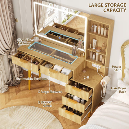 Garvee 48" Fluted Makeup Vanity Desk with Mirror and Lights, Glass Top Vanity Table with 5 Drawers, Open Shelf and Power Outlet, Modern Dressing Table for Bedroom and Living Room