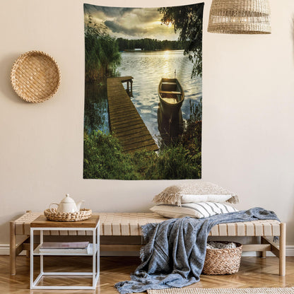 Lunarable Seascape Tapestry Twin Size, Boat at Lake Shore Wooden Pier Sunset Sunbeams Romantic Evening, Wall Hanging Bedspread Bed Cover Wall Decor, Twin Size, Green Yellow