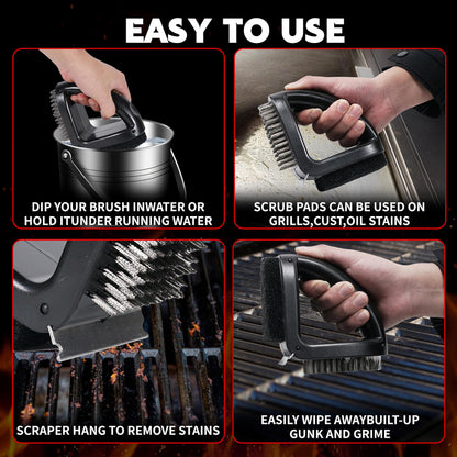 RELHP 4-in-1 Grill Brush [Bristle-Free Sponge Pad & Wire] Combined BBQ Brush,Ultra Safe & Heavy-Duty Grill Cleaner for Outdoor Grill Grill Brush and Scraper Grill Accessories Gifts for Men/Dad