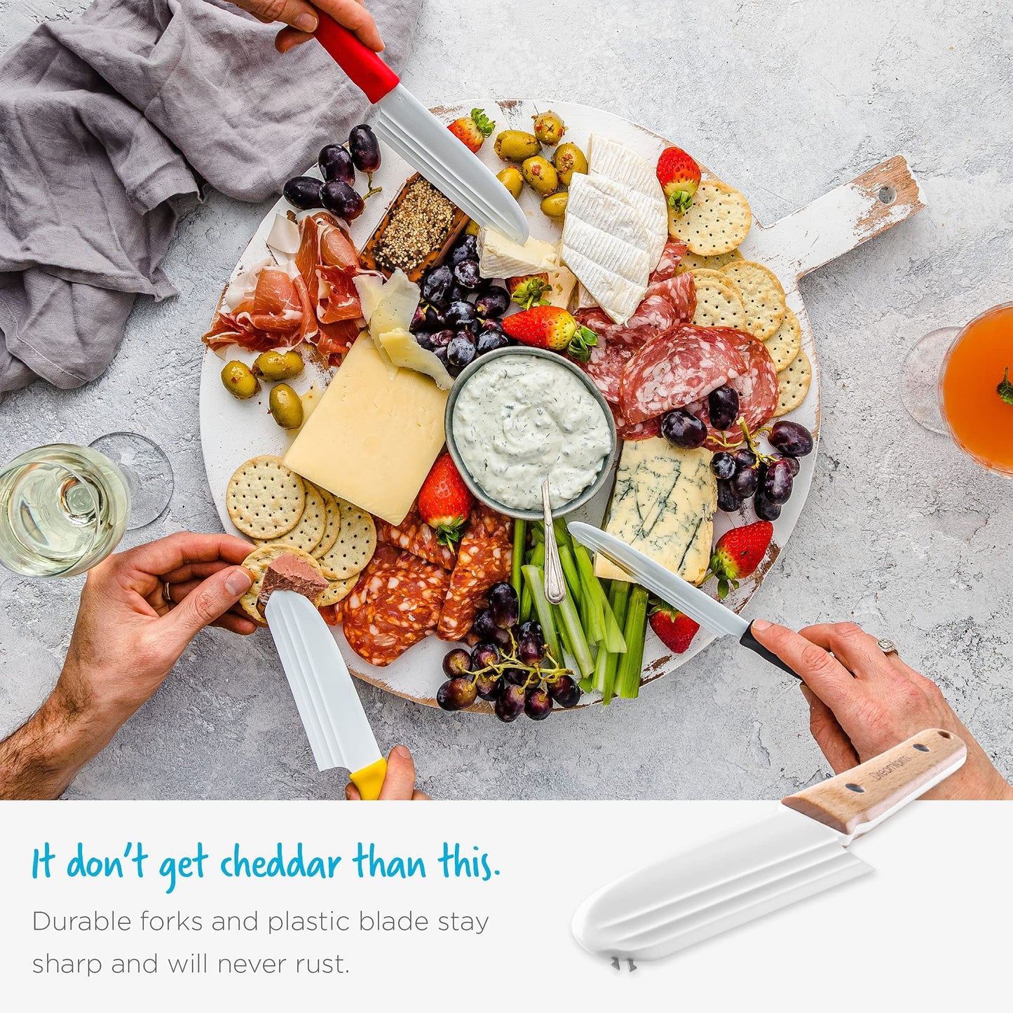 Dreamfarm Knibble Lite 3-In-1 Non-Stick Cheese Knife for Charcuterie, Slicing, Spreading, with Built-In Fork to Serve & Share Foods - 9" Red