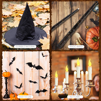 Fayoo Floating Candles with Wand, 12PCs Magic Hanging Candles, Floating Light Up Witch Hats with Flameless Candle with Wand Remote, Witch Hat 3D Bats Wall Stickers Decorations for Halloween Party