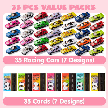 JOYIN 35 Valentines Day Die-Cast Racing Cars Gift Cards for Kids with Valentine’s School Classroom Exchange Greeting Cards, Vehicle Party Favor Toy Supplies
