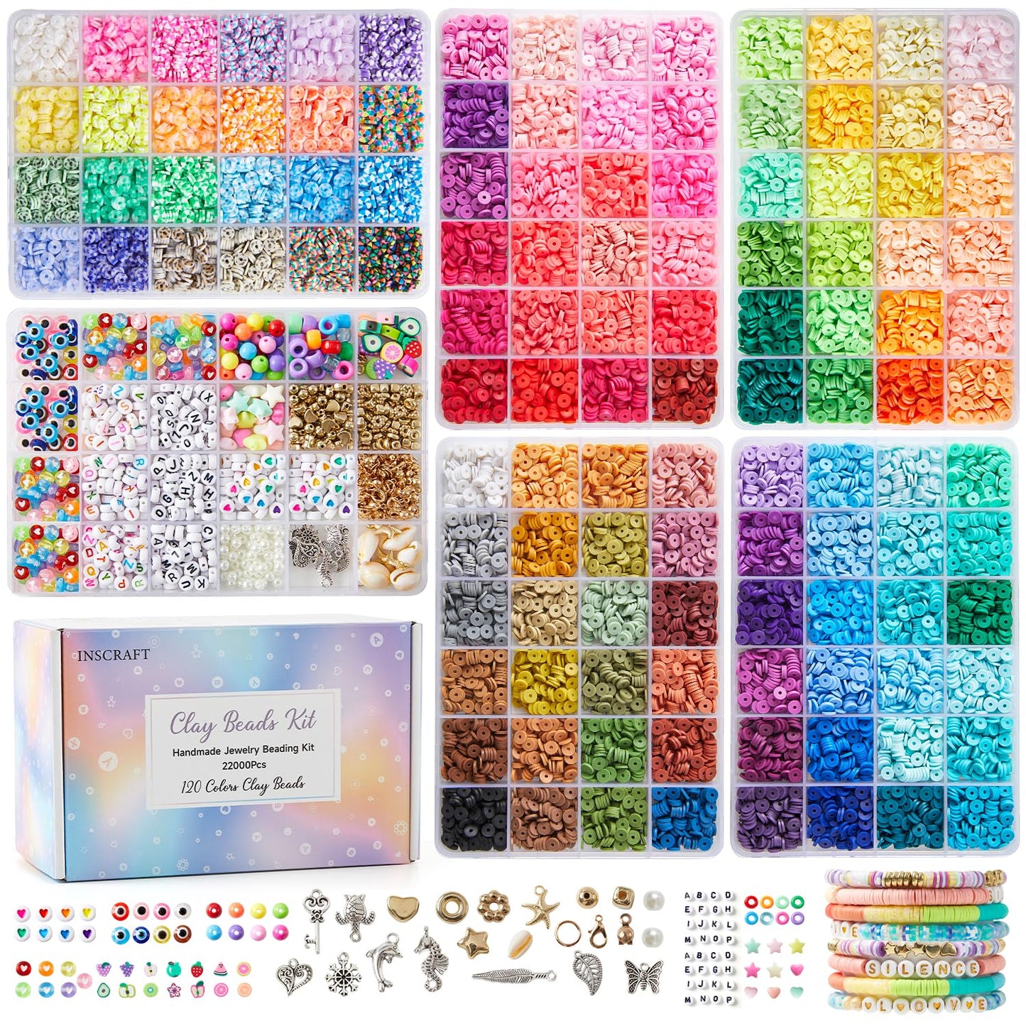 INSCRAFT 22000 Pcs Clay Beads for Bracelet Making Kit, 120 Colors Flat Round Polymer Clay Beads, Friendship Bracelet Kit Heishi Beads for DIY Jewelry Making, Crafts Gift for Girls Teen Ages 6-12